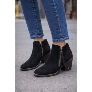 Sam Edelman Macon Black Suede Side Zip Block Heel Ankle Boots Women's